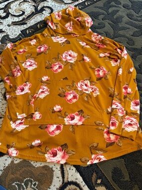 Floral Turtleneck Pullover Top in Mustard with Pink Roses